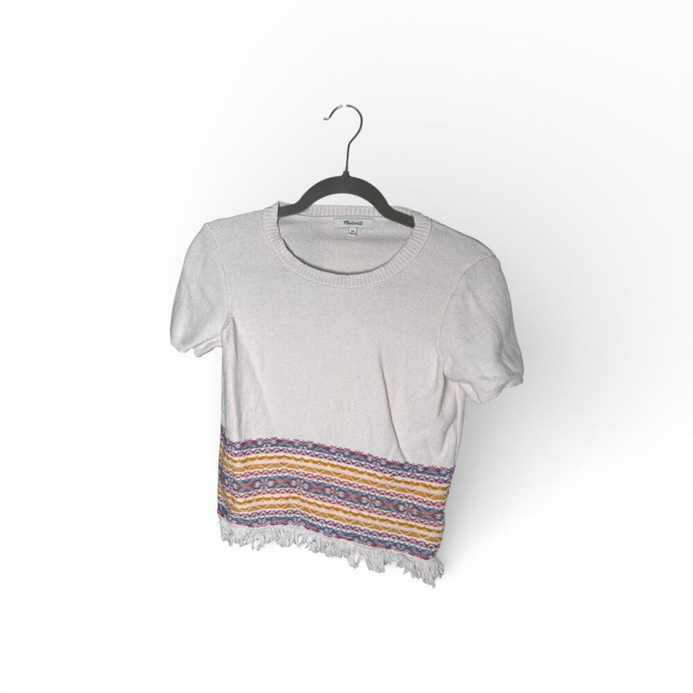 Madewell White Fringed Short Sleeve Sweater XS